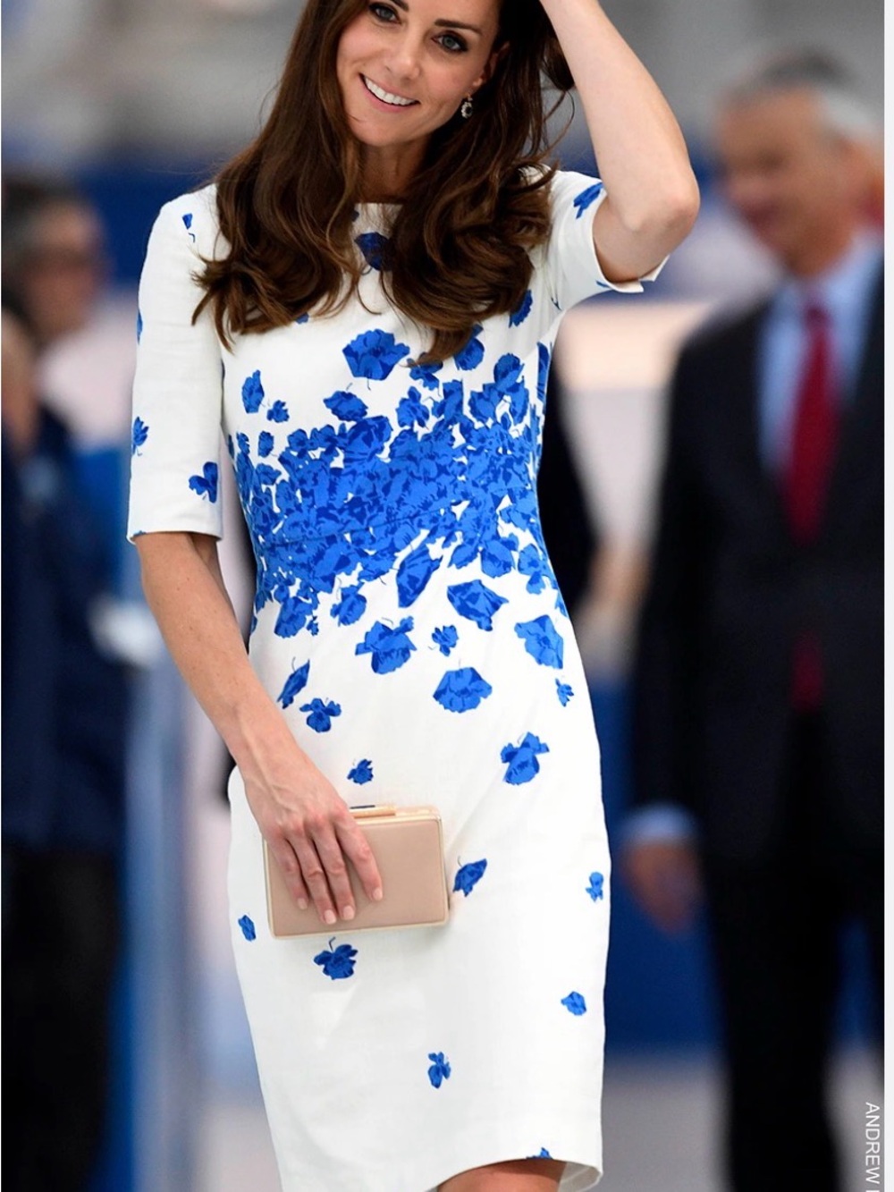 The Kate Middleton Dress! White Floral Sheath Dress with Blue Print